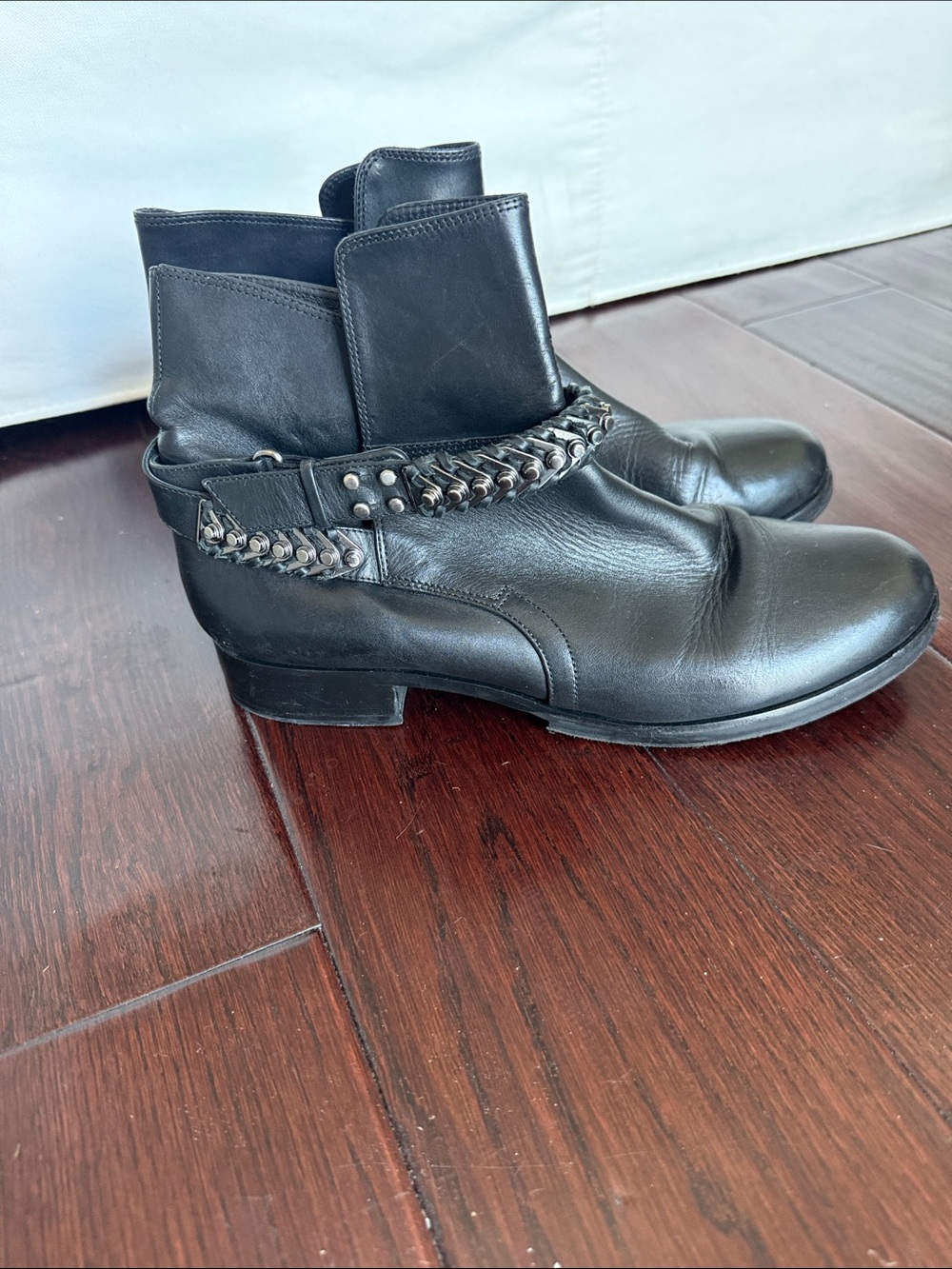 Womans Black Leather John Camuto Ankle Boots with Chain Detail
